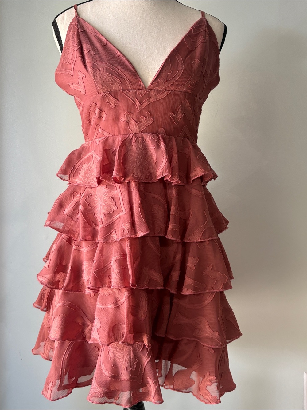 Fanco Tiered Ruffle V-Neck Mini Dress in Rose; Adjustable Straps Size Small NWT